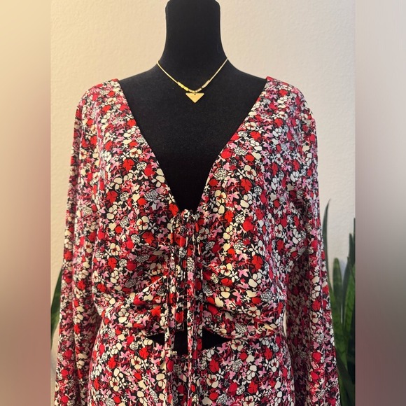 Sanctuary Floral Print Midi Dress Large Red Halter Neck Long Sleeves Cutout Boho - Picture 8 of 12